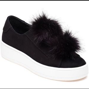 Steve Madden Black Suede Feather Pom Pom Sneaker